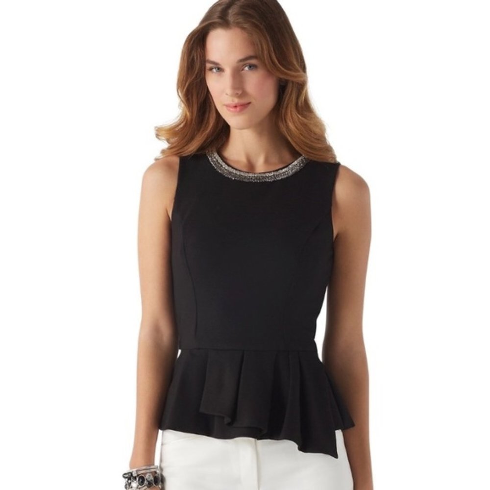 White House Black Market Black Beaded Neck Peplum Top